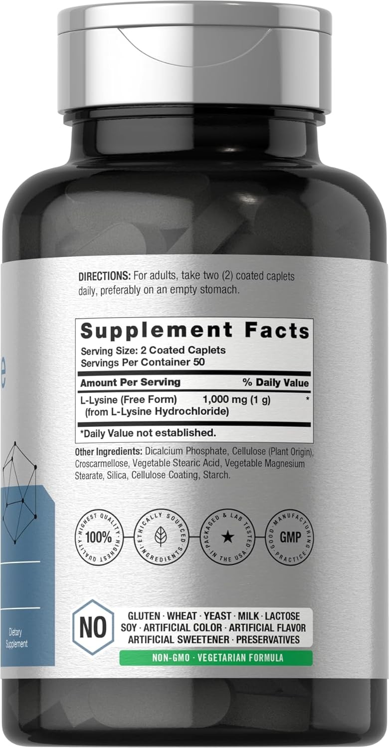 Horbäach L-Lysine 1000mg | 100 Coated Caplets | Free Form Dietary Supplement