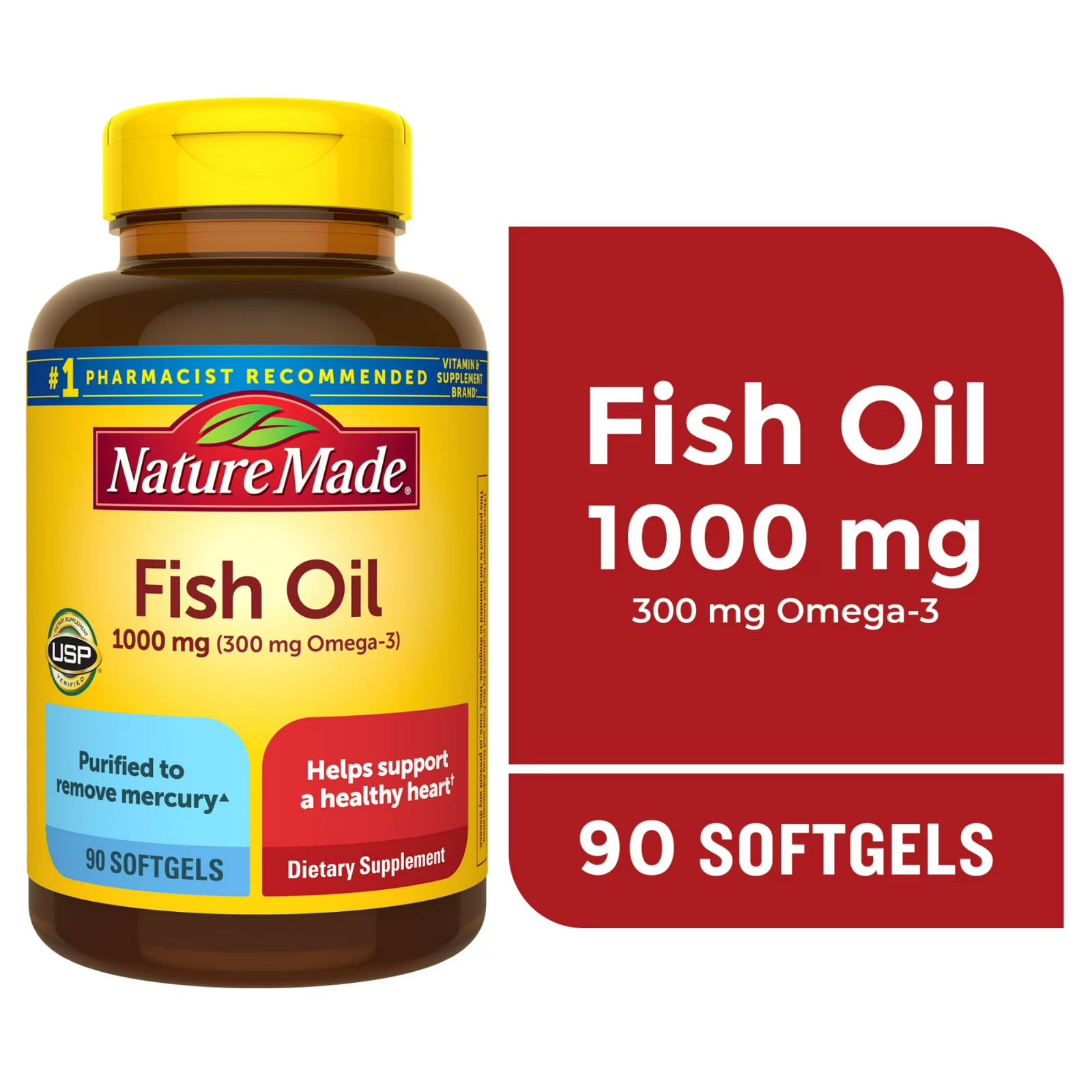 Nature Made Fish Oil 1000mg, Omega 3 for Heart Health 90 Softgels, 45 Day Supply