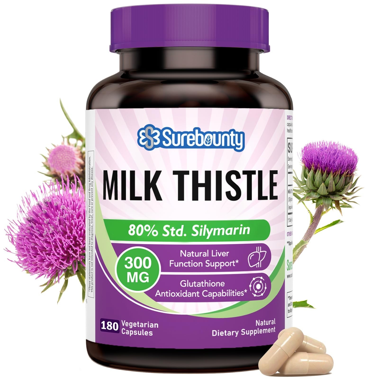 Milk Thistle 300mg Extract, 80% Silymarin, Liver Detox Cleanse, 180 Veggie Caps