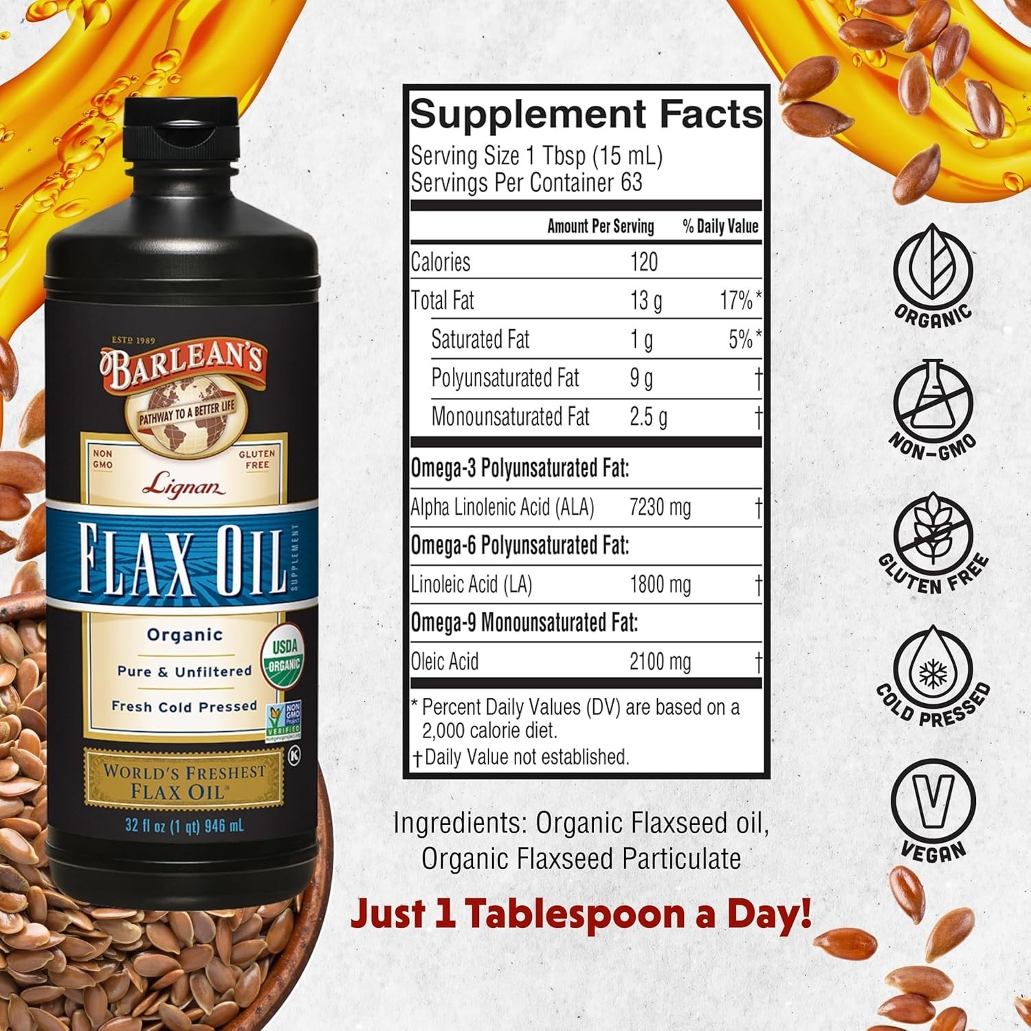 Barlean’s Organic Flax Oil, 32 fl oz