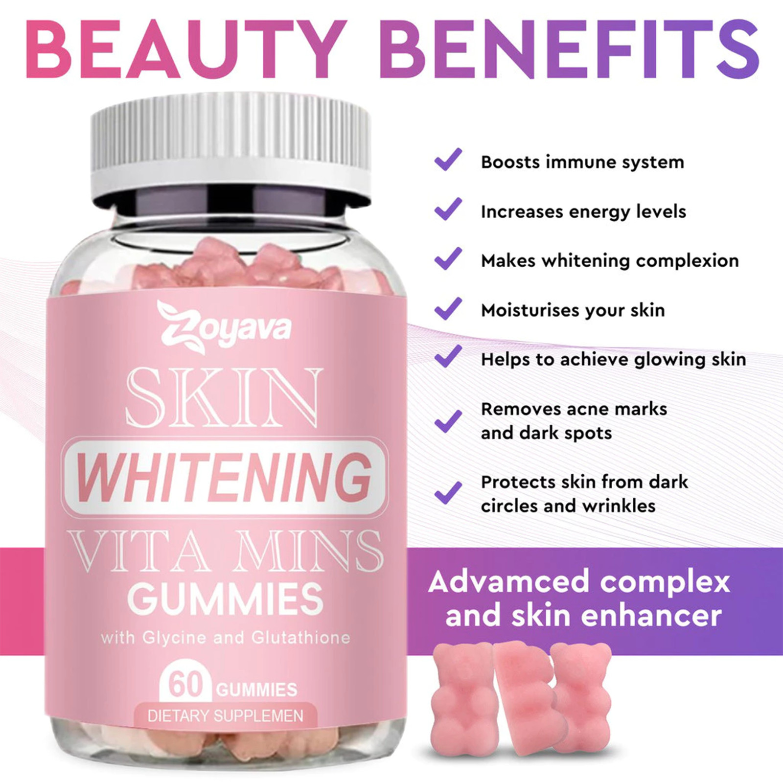 Zoyava Glutathione Collagen Gummies Anti Aging Skin Brightening Vitamins 2x