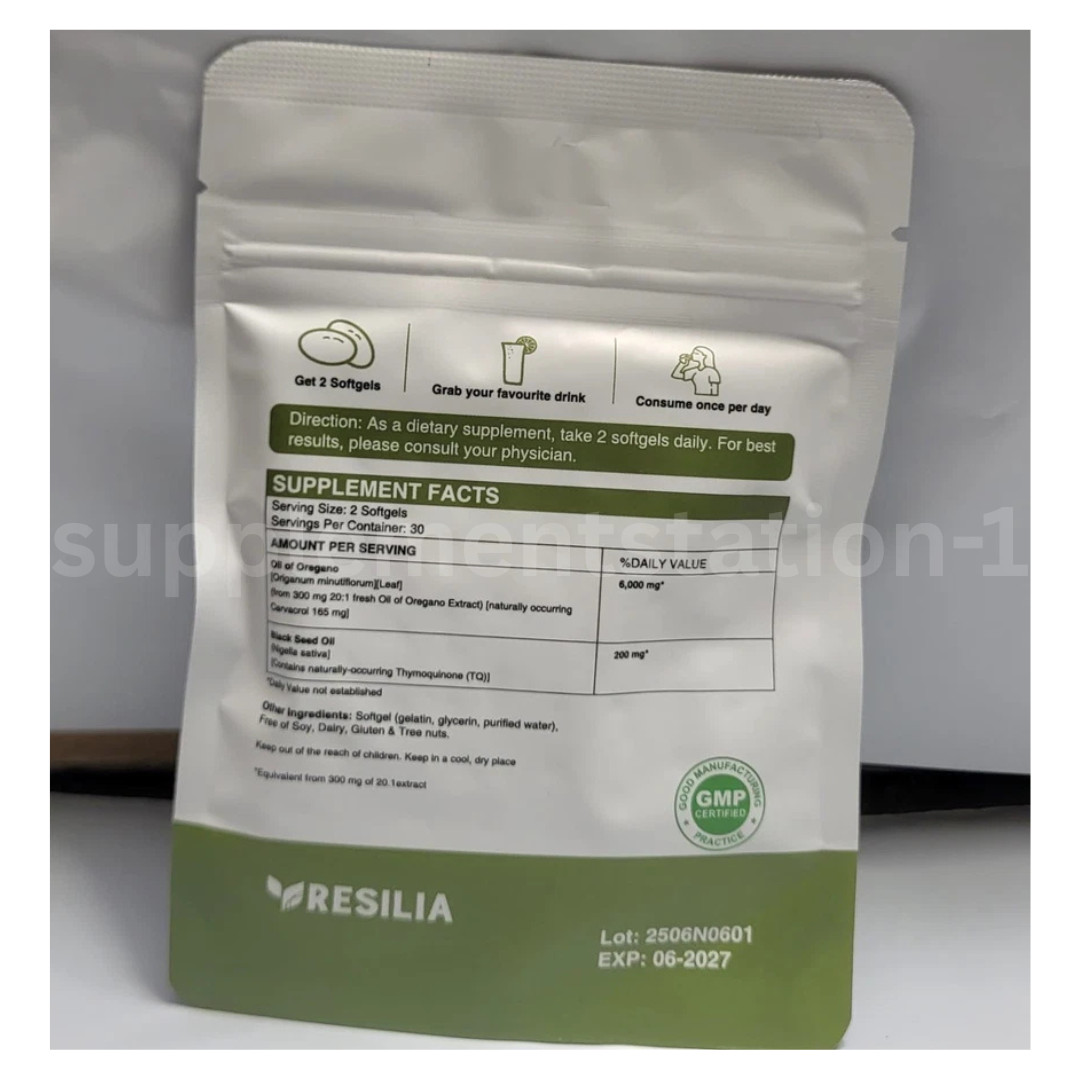 2 Sealed Resilia Oil Of Oregano 6,000 Mg, With Black Seed Oil, 60 Softgels Each