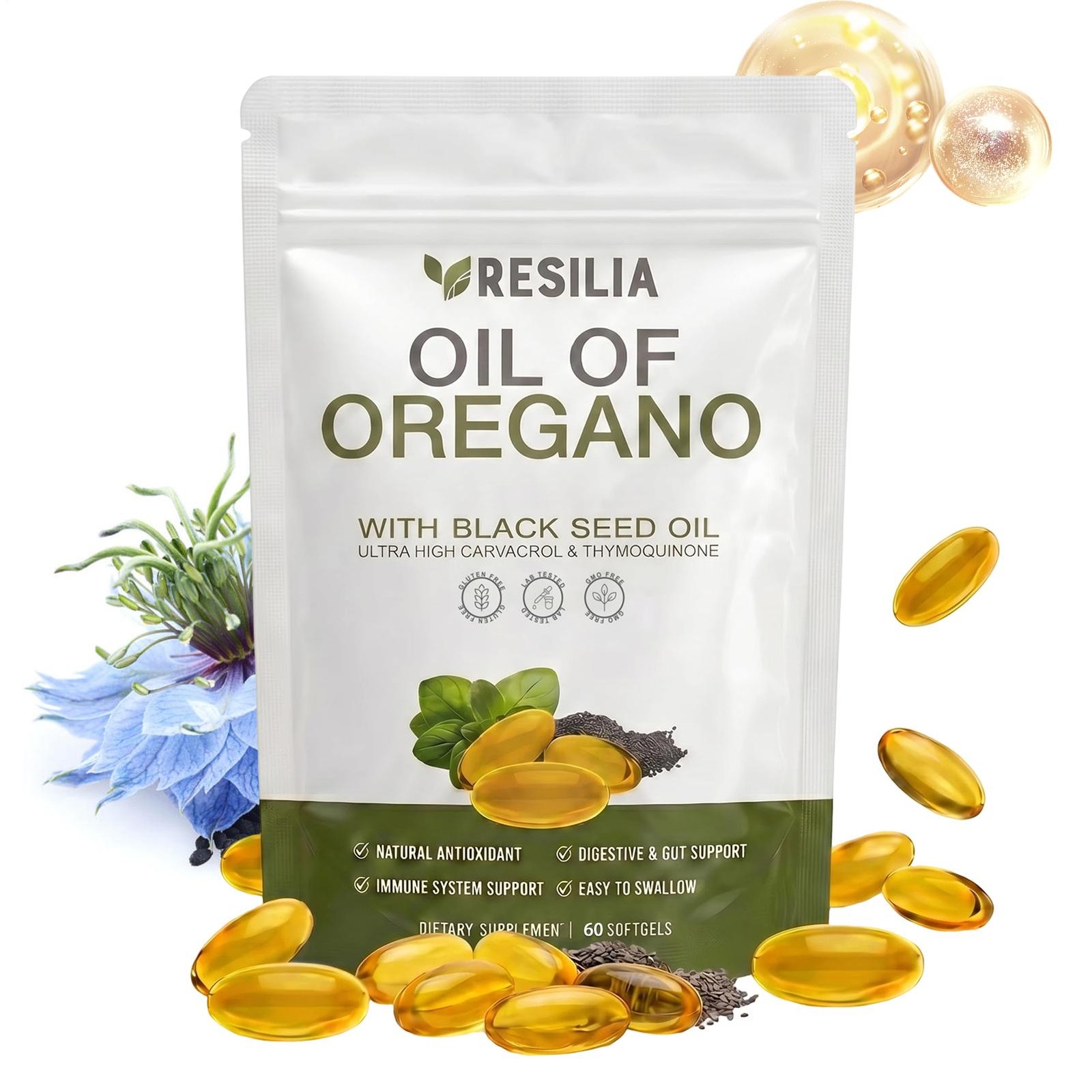 Resilia Oil of Oregano Softgels with Black Seed Oil 60 Count Dietary Supplement