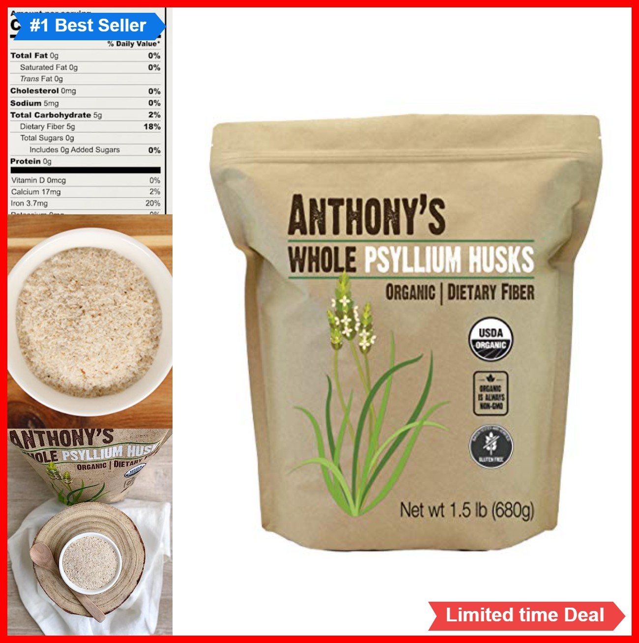 Organic Psyllium Husk Powder 24 oz Gluten Free Non GMO Keto Fiber Digestive