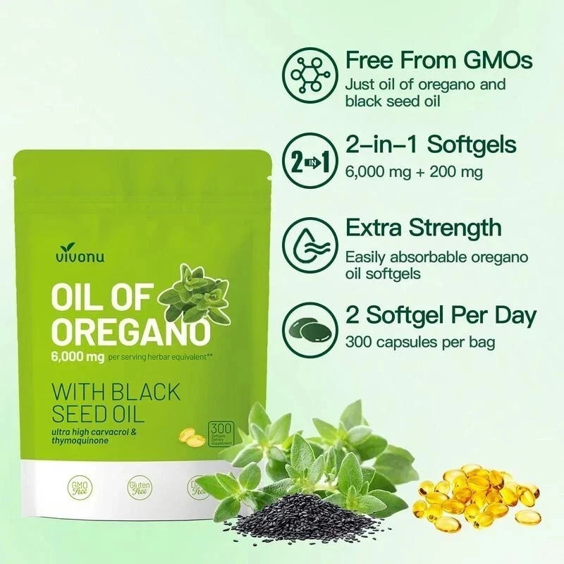 300Ct Oregano Oil 6000mg Black Seed Oil Softgels, Herbal Whole Body Wellness