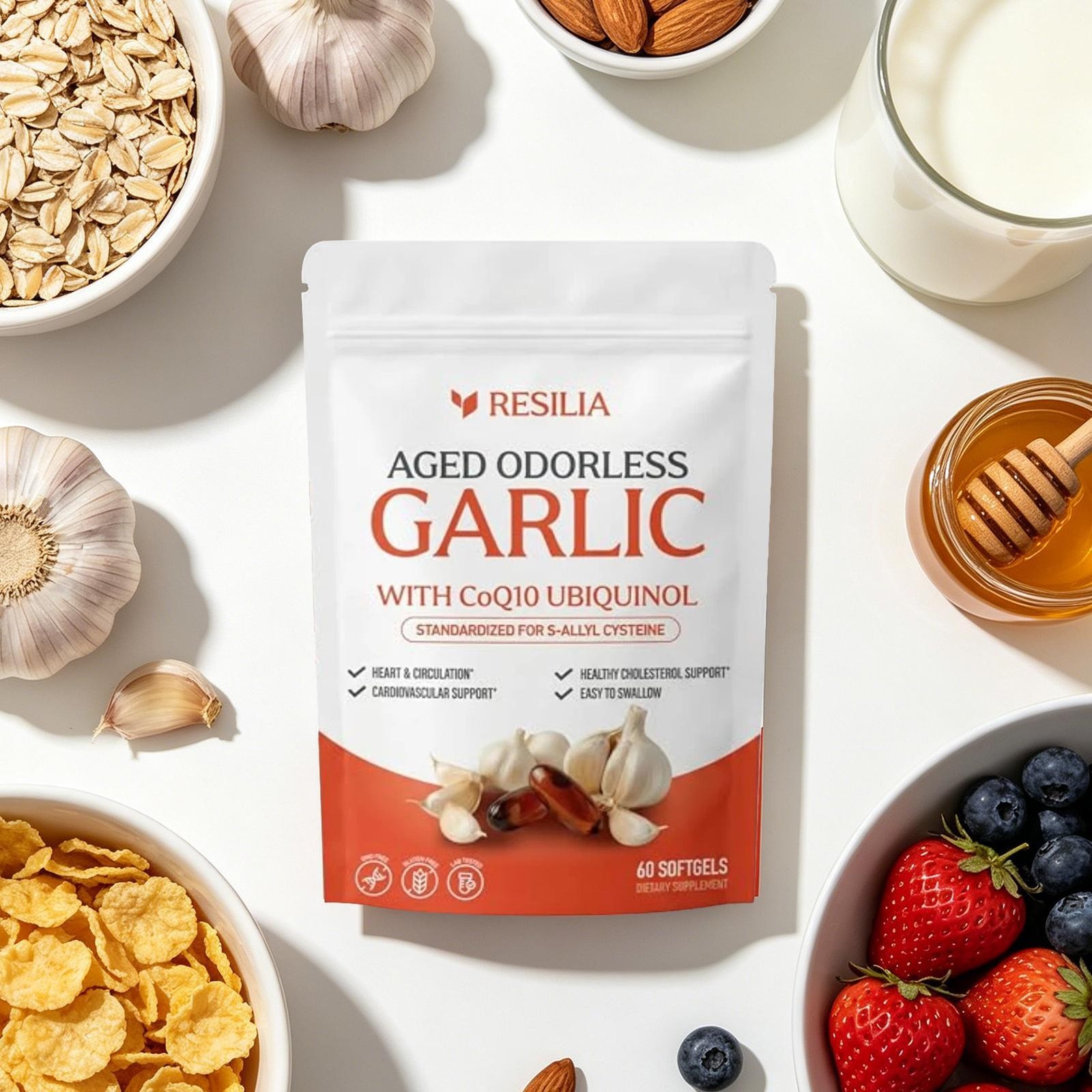 Resilia Garlic Extract 600mg Softgels (60 Count) – Odorless Aged Garlic Extract