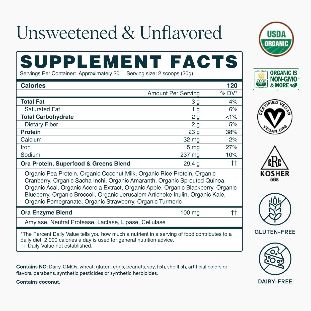 Ora Organic Vegan Protein Powder – 23g Plant Based Pea + 1.31 Pound