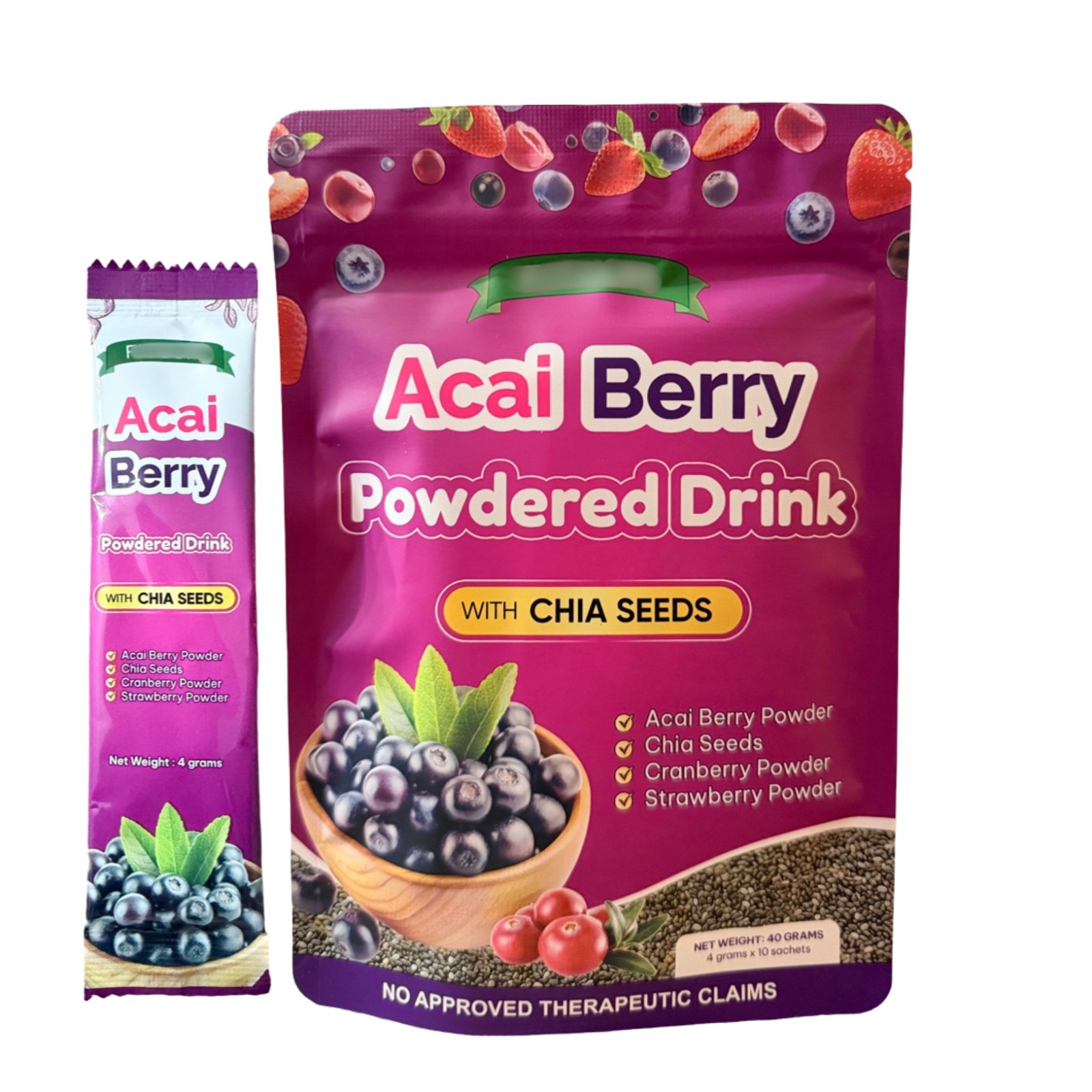 2-Pack Ftgum Acai Berry Powdered Drink w/ Chia Seeds, Strawberry & Cranberry
