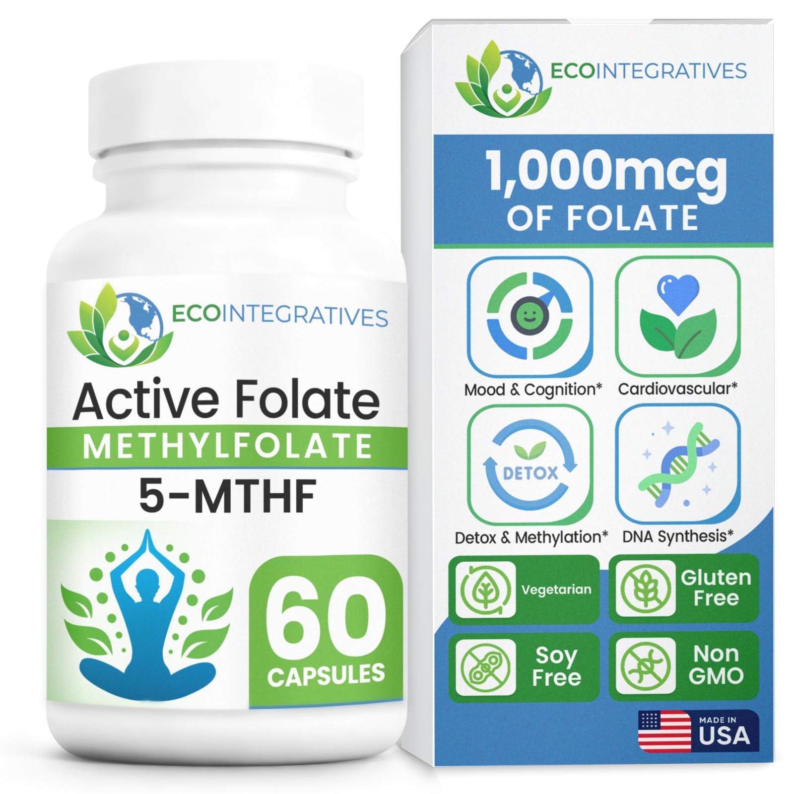 EcoIntegratives Active Folate Methylfolate 5-MTHF – Methylated Folate 1000 mc…