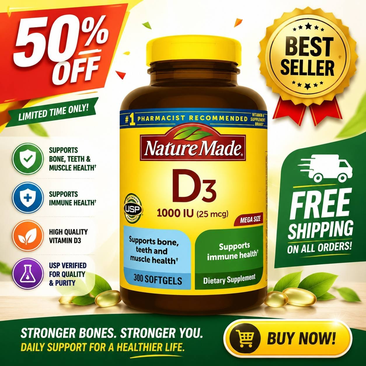 Nature Made Vitamin D3 1000 IU (25 Mcg), Vitamin D Supplement for Bone, Teeth, M