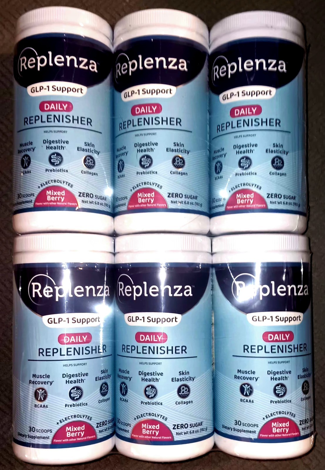 6pc 30 Day Replenza Daily Replenisher GLP-1 Mixed Berry Powder 11/26 Zero Sugar