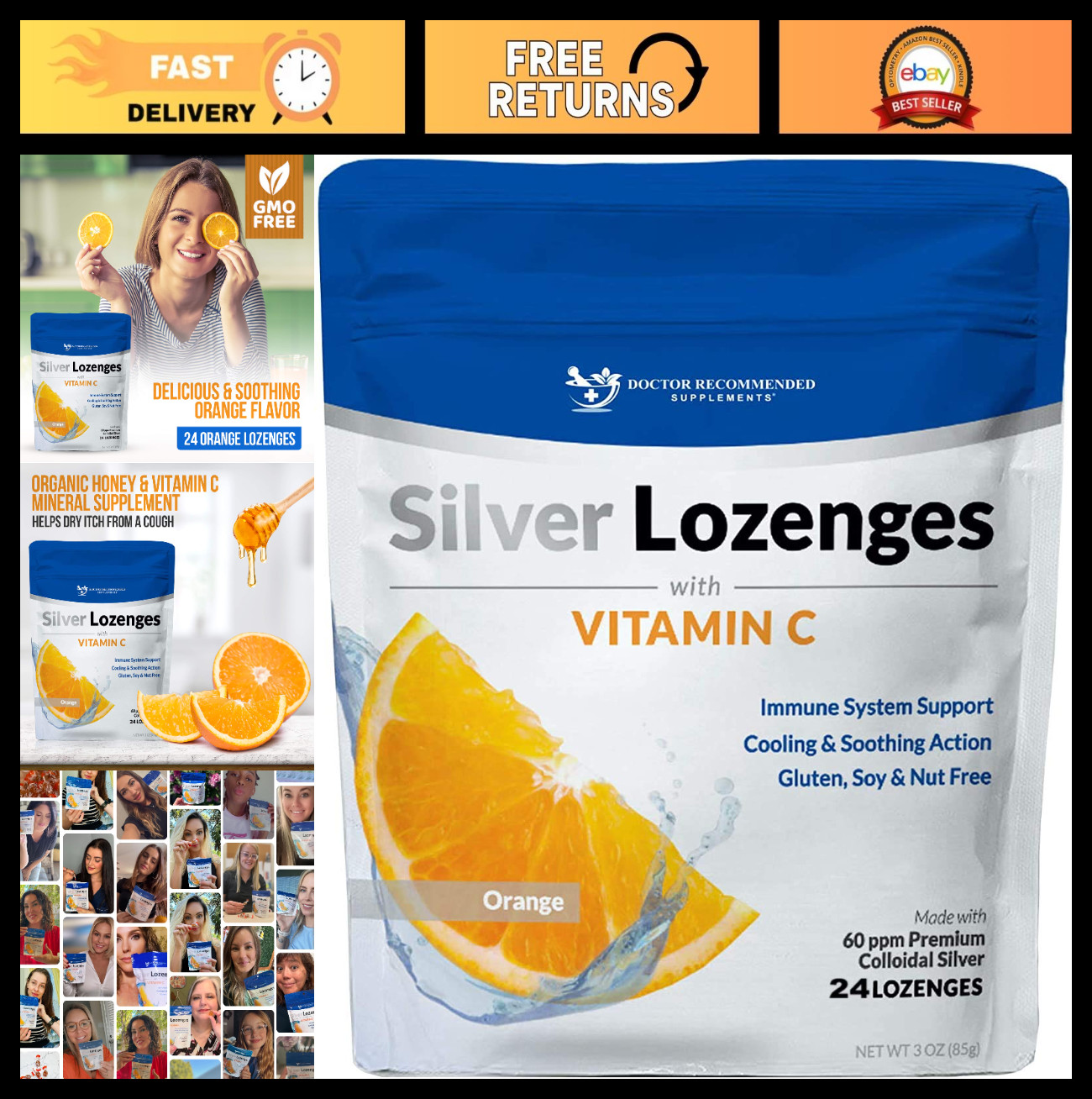 Premium Colloidal Silver Lozenges with Vitamin C & Organic Honey – 24 Orange Dro