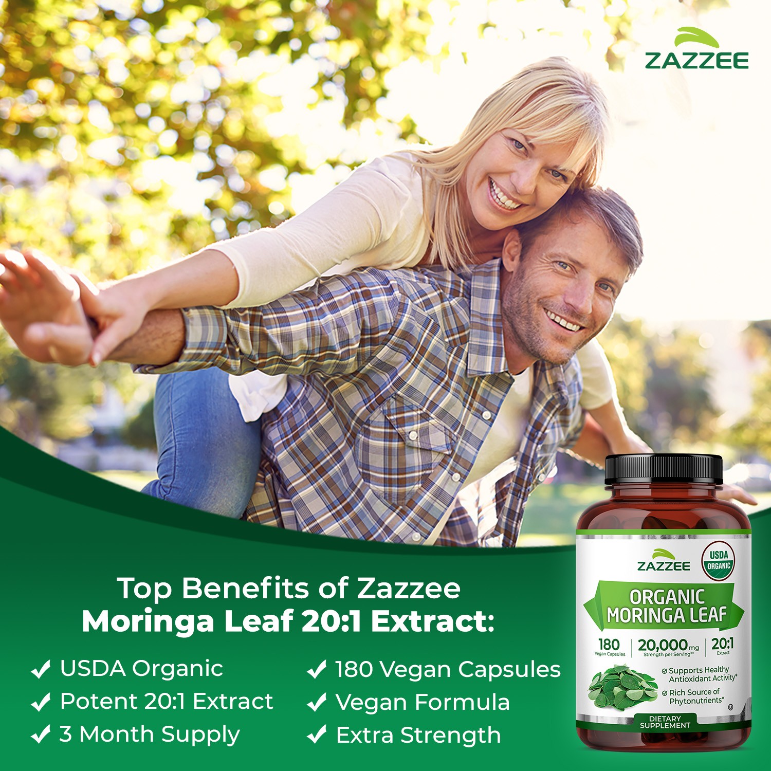 Zazzee Organic Moringa Extract 180 Capsules 7500 mg Strength 10:1 Antioxidant