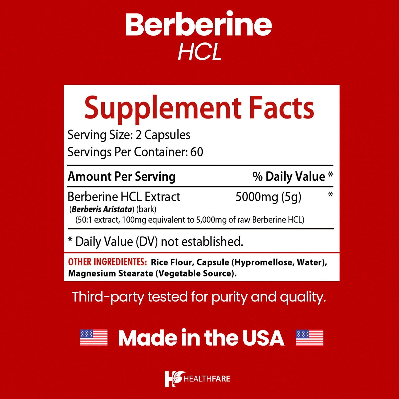 HealthFare Berberine HCl 5000mg | 120 Capsules | Vegan, Gluten-Free, GMO-Free