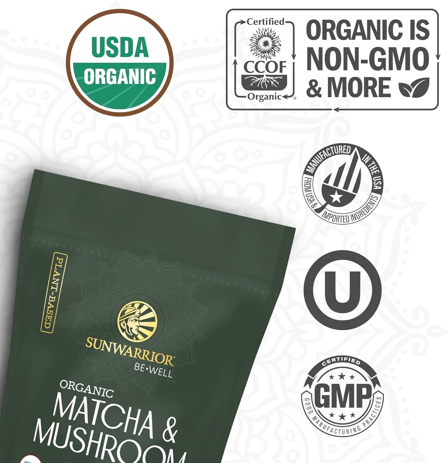 Sunwarrior Organic Matcha Mushroom Powder Supplement Mushroom Coffee, 3.2 oz