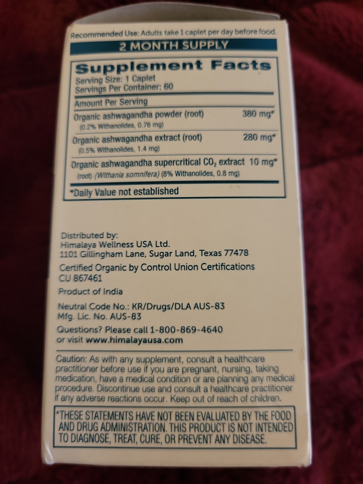 Himalaya Ashwagandha 60 Caplets Dairy Free Gluten Free EXP 04/28