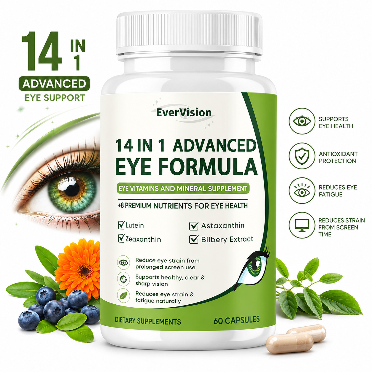 (PACK 5) Evervision Daily Eye Health Advanced Supplement 14 in 1 60 Capsules US