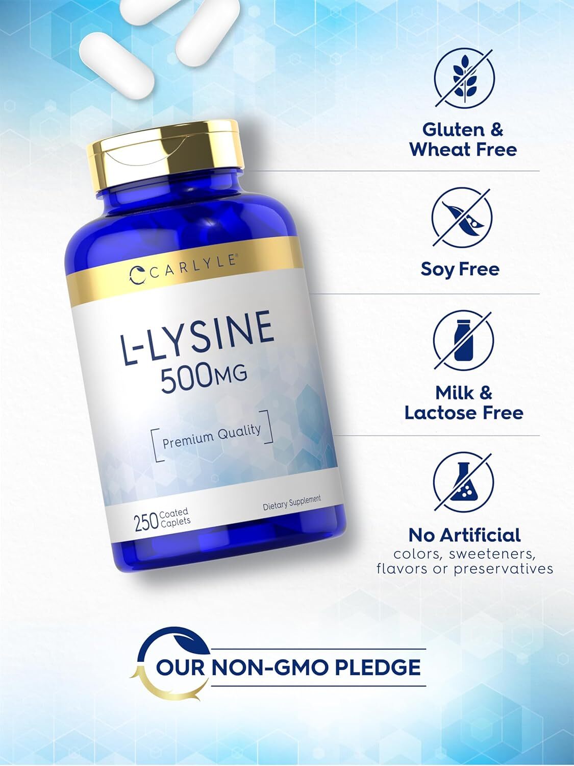 L-Lysine 500mg | 250 Caplets | Amino Acid Supplement | Vegetarian | by Carlyle