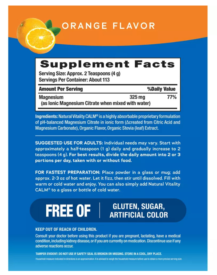 Natural Vitality Calm Magnesium Citrate Drink Mix Powder Orange 16oz 07/2028