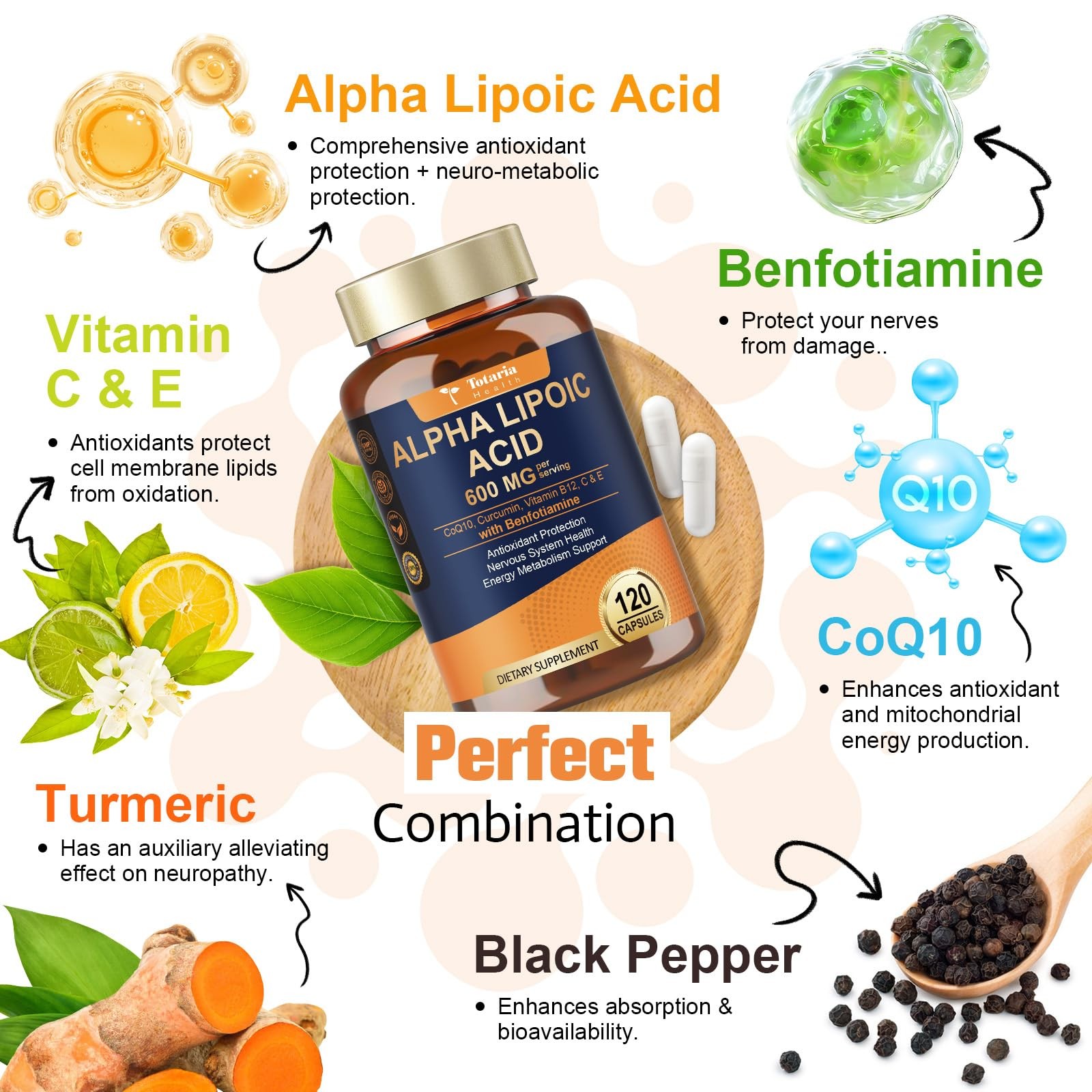 Alpha Lipoic Acid 600mg with Benfotiamine 300mg 120 Count (Pack of 1),