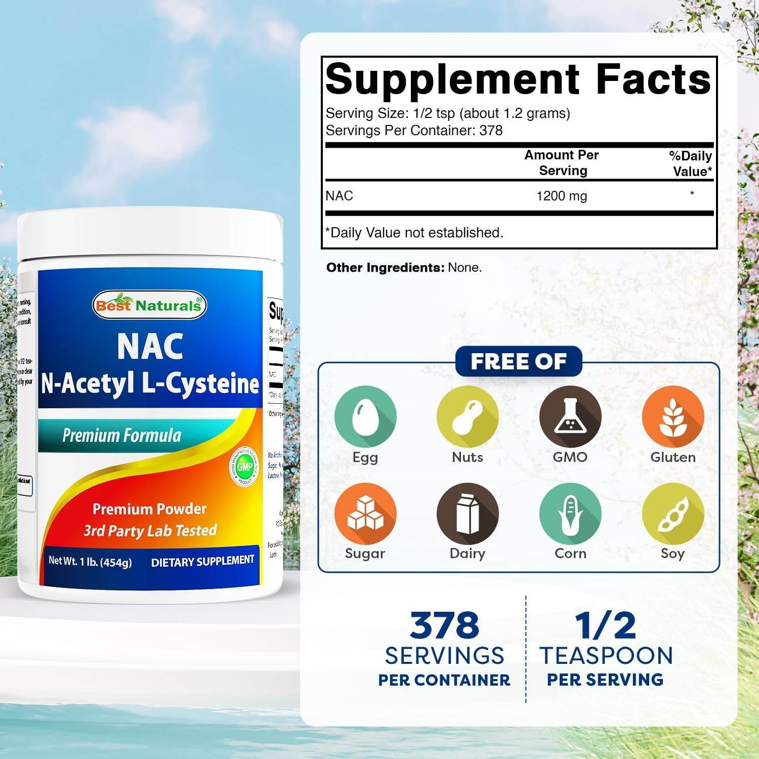 Pure N-Acetyl L-Cysteine (NAC) Powder – 1LB Gluten-Free Antioxidant Supplement