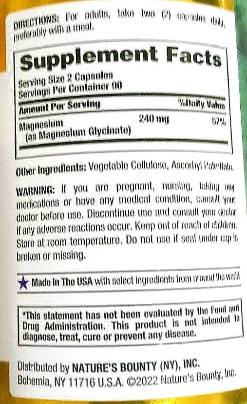 Nature’s Bounty Magnesium Glycinate 240 mg Muscle Relaxation 180 Ct EXP 04/2028