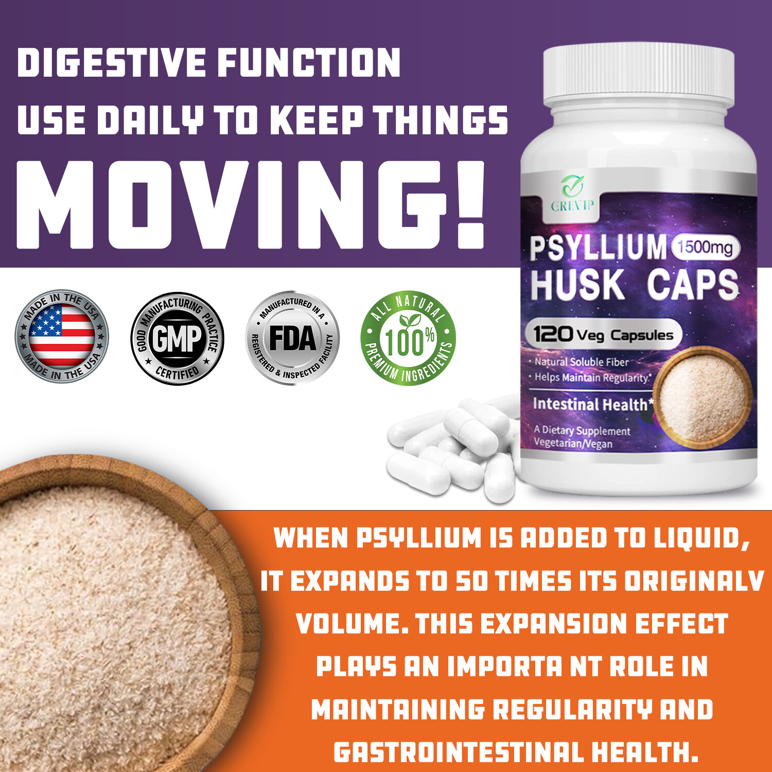 120pcs Psyllium Husk Caps – High Absorption, Natural Soluble Fiber Supplements