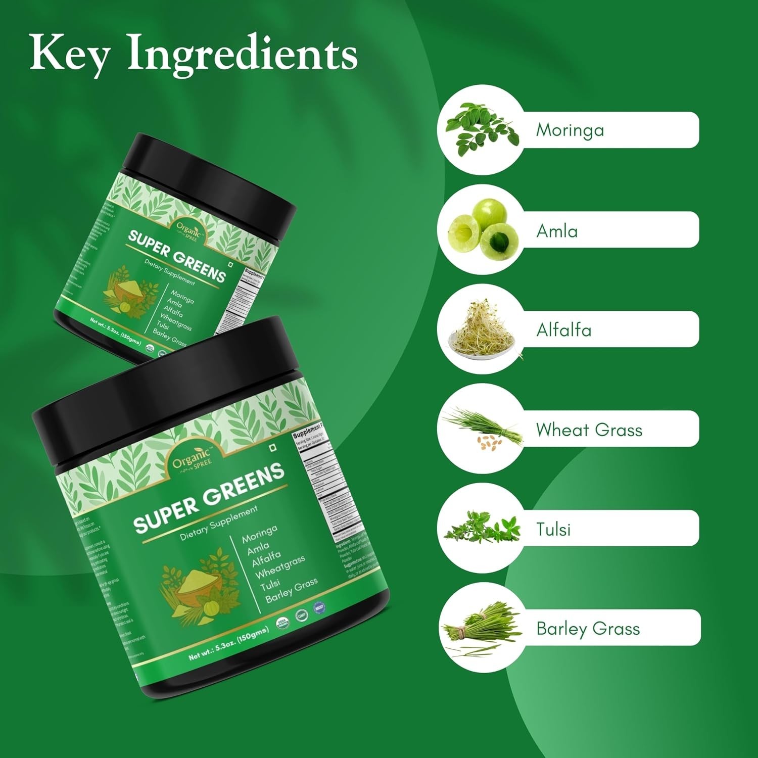ORGANIC SPREE Super Greens Powder – 150 gm (5.3oz) for Detox & Immunity Support