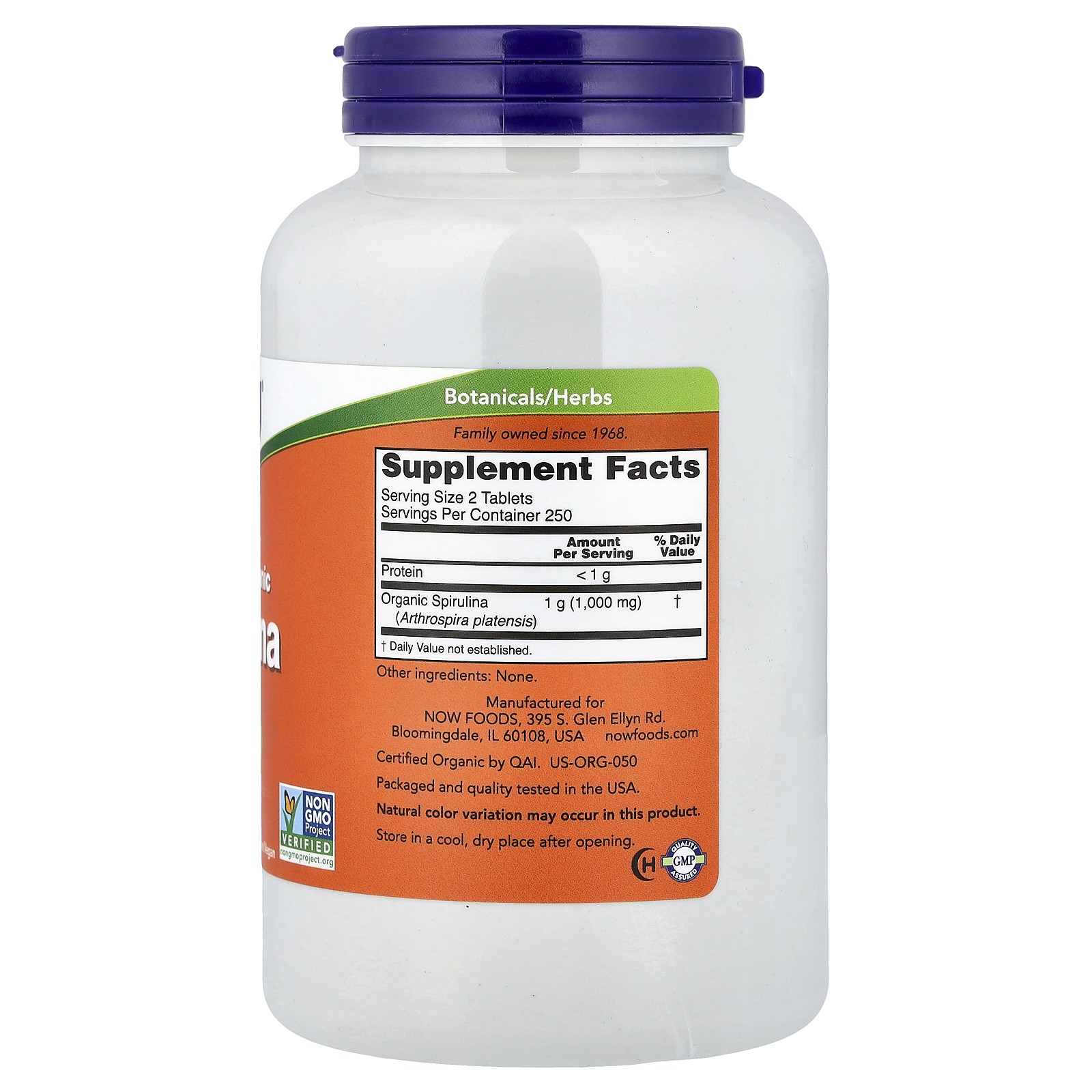 Now Foods Certified Organic Spirulina 500 mg 500 Tablets GMP Quality Assured,
