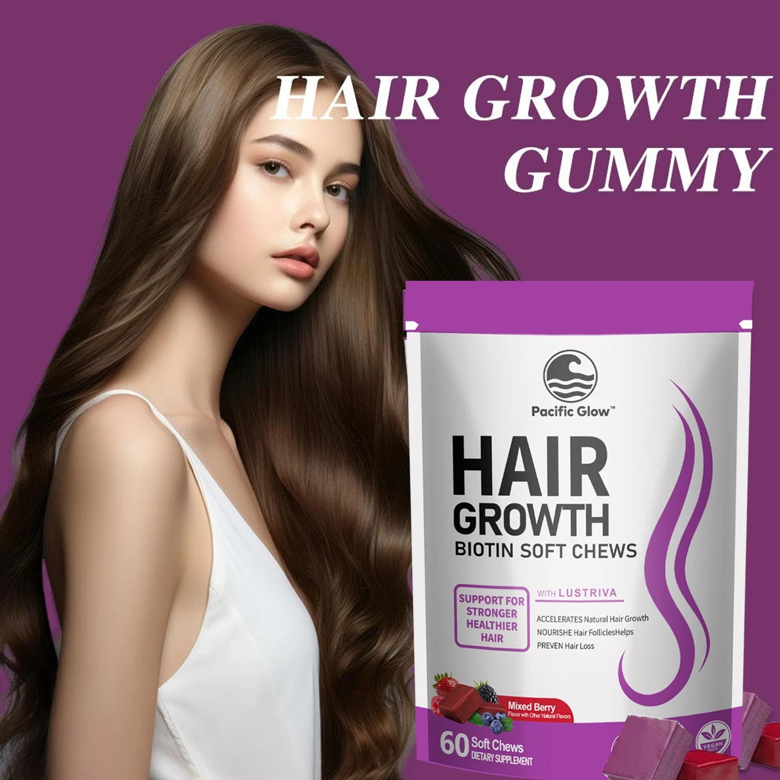 PACIFIC GLOW Hair Growth Biotin Mixed Berry Soft Chews Vitamins Women w Lustriva