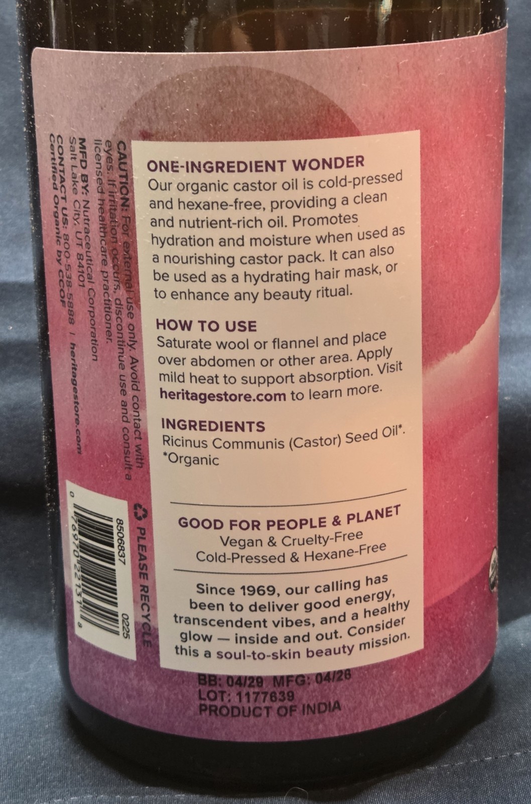 32oz Organic Castor Oil, Heritage Store Cold Pressed, Hexane Free
