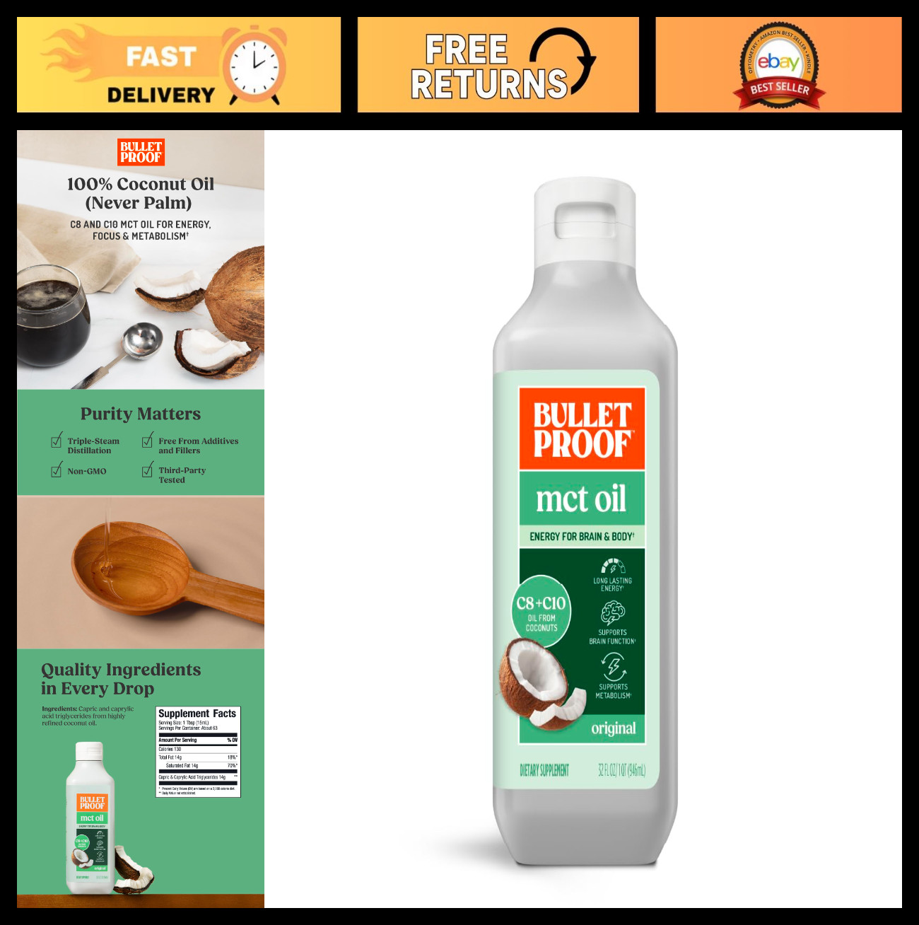 100% Pure MCT Oil, Triple-Distilled Coconut Oil, Keto Energy, Unflavored, 32 oz