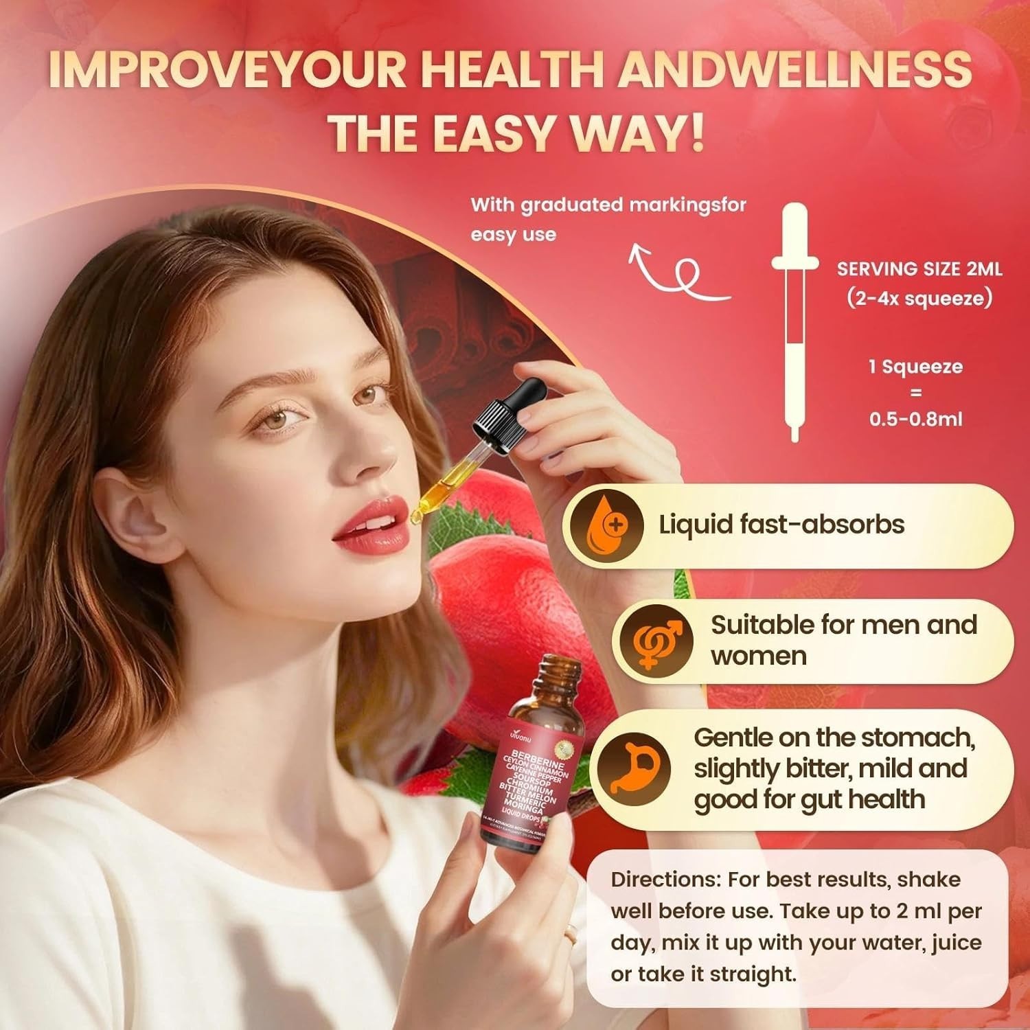 Convenient 14-in-1 Herbal Drops, 2 Fl Oz Berberine & Turmeric for Daily Vitality