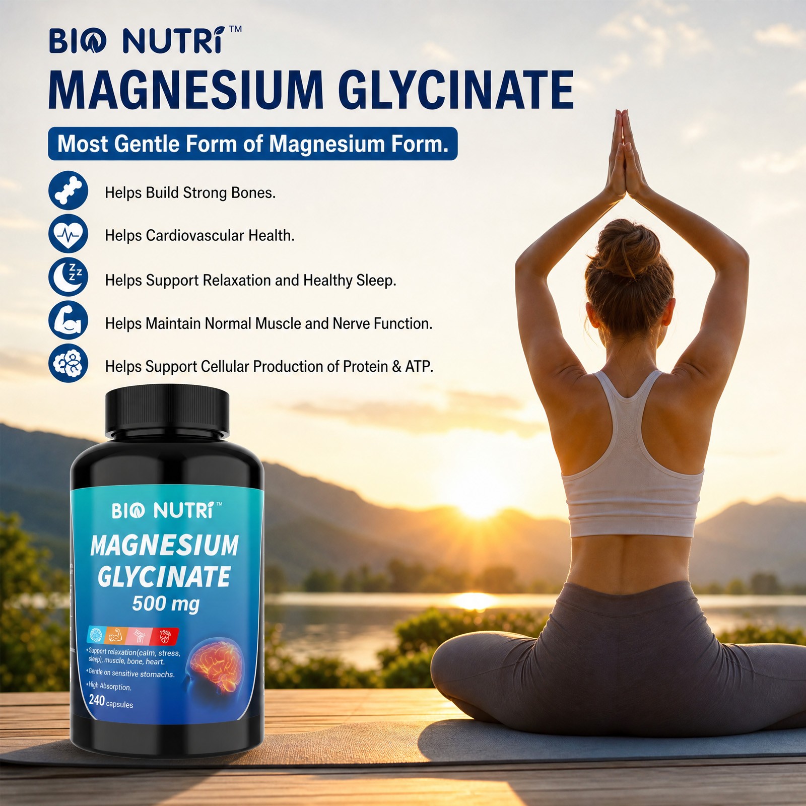 Magnesium Glycinate 500mg – 240 Capsules For Sleep, Stress Relief Support Bone