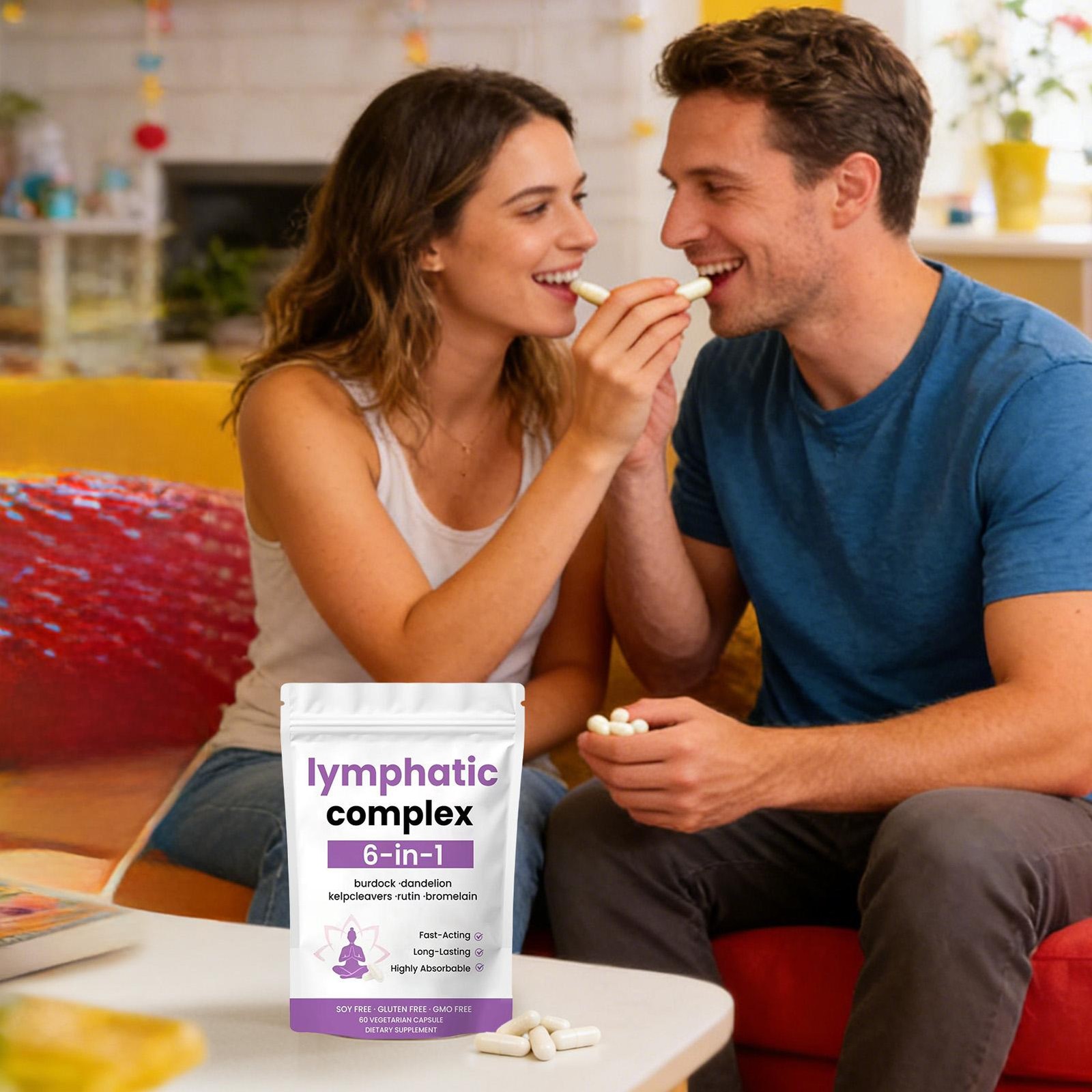 6-in-1 Lymphatic Complex Drainage Supplement Dandelion Burdock Bromelain Kelp