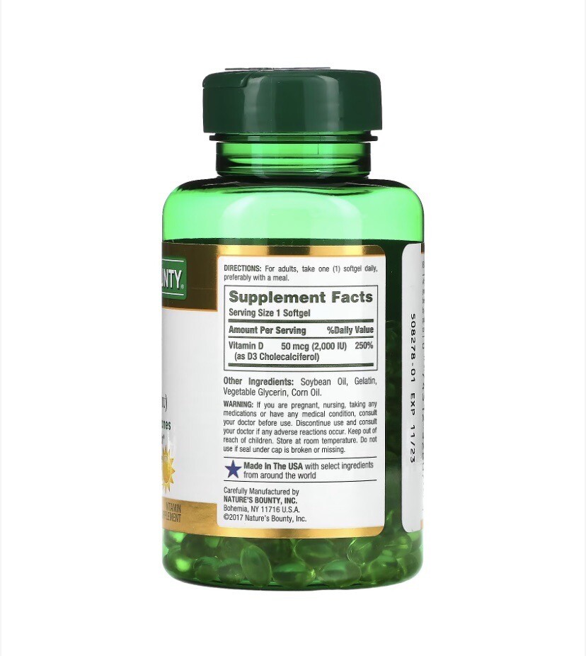 Nature’s Bounty Vitamin D3 2000 IU Softgels – 350 Count {Exp:08/2027+}