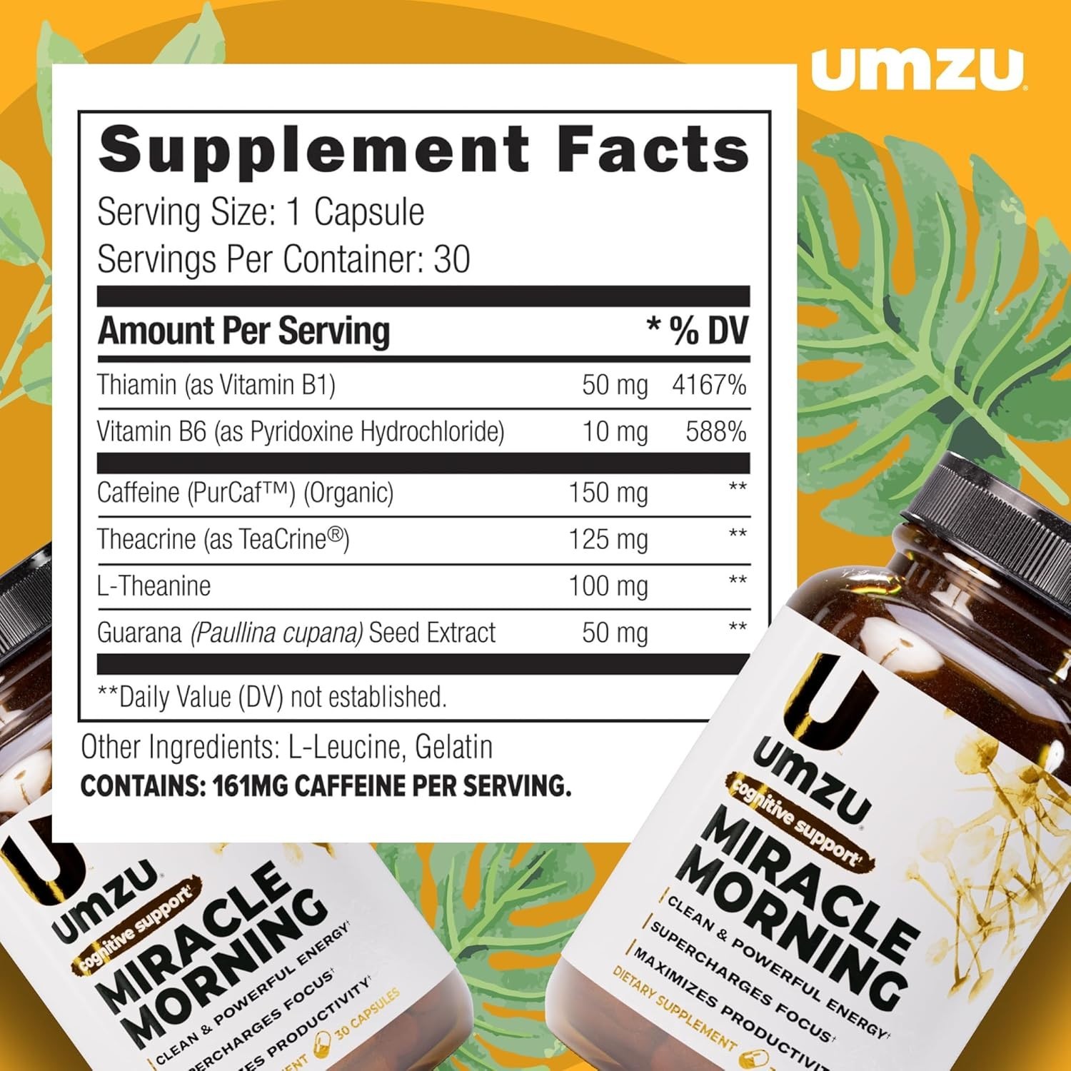 Miracle Morning Natural Energy Focus & Mood Boost | 150mg Caffeine 30 Caps