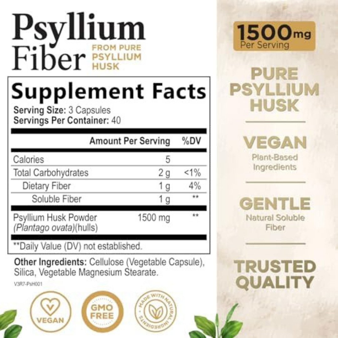 High Absorption Psyllium Husk Capsules 1500mg Daily Fiber Supplement, Psyllium