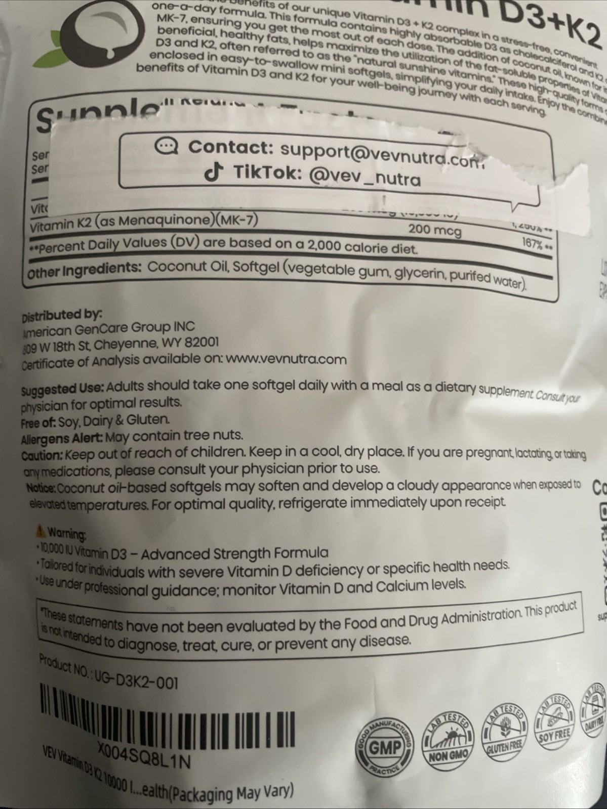 VEV Corefeel Vitamin D3 K2 10,000 IU, 200 mcg MK-7, 300 Coconut Oil Softgels