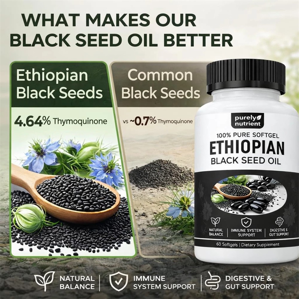 5x Ethiopian Black Seed Oil Softgels |4.64%Thymoquinone |Gluten-Free,60 capsules