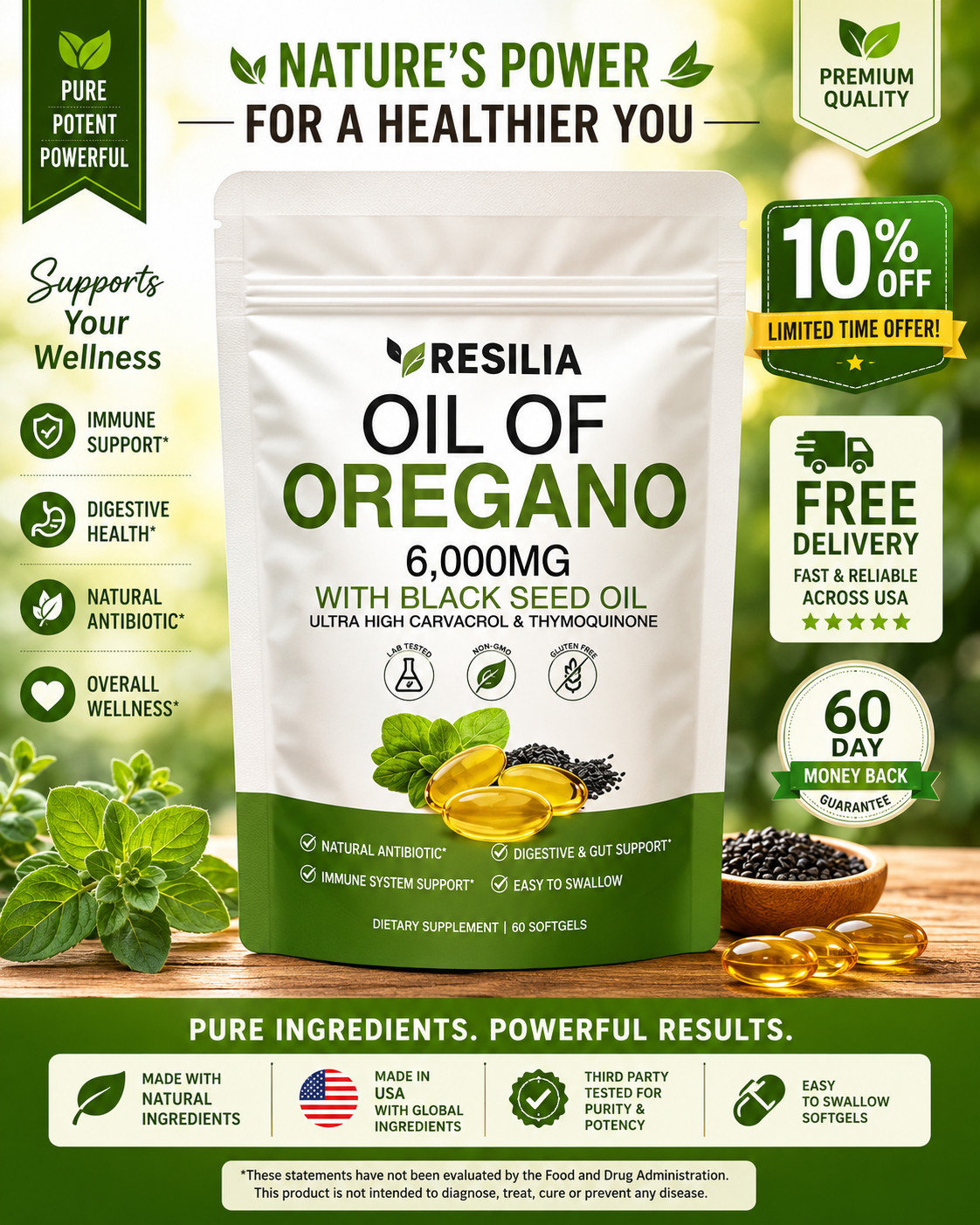 Resilia Oil of Oregano 6000mg with Black Seed Oil Softgels – 60 Capsules 1xPk