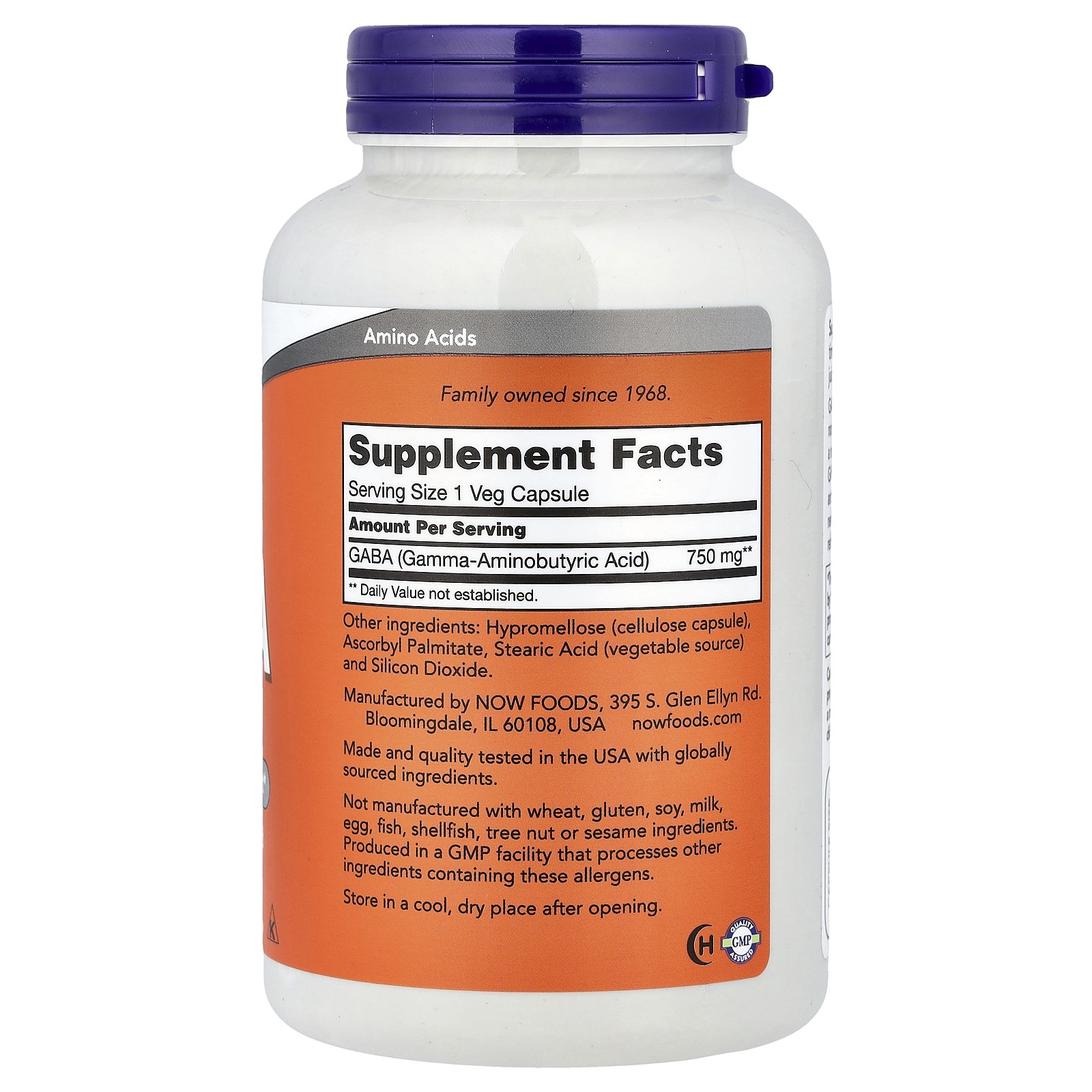 Now Foods GABA 750 mg 200 Veg Capsules GMP Quality Assured, Kosher, Vegan,