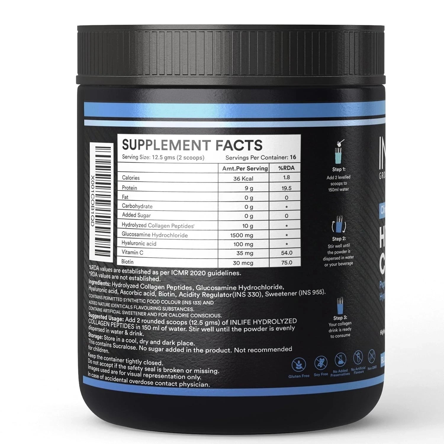 INLIFE Japanese Collagen Powder Biotin & Hyaluronic Acid (Blueberry, 200g) i068