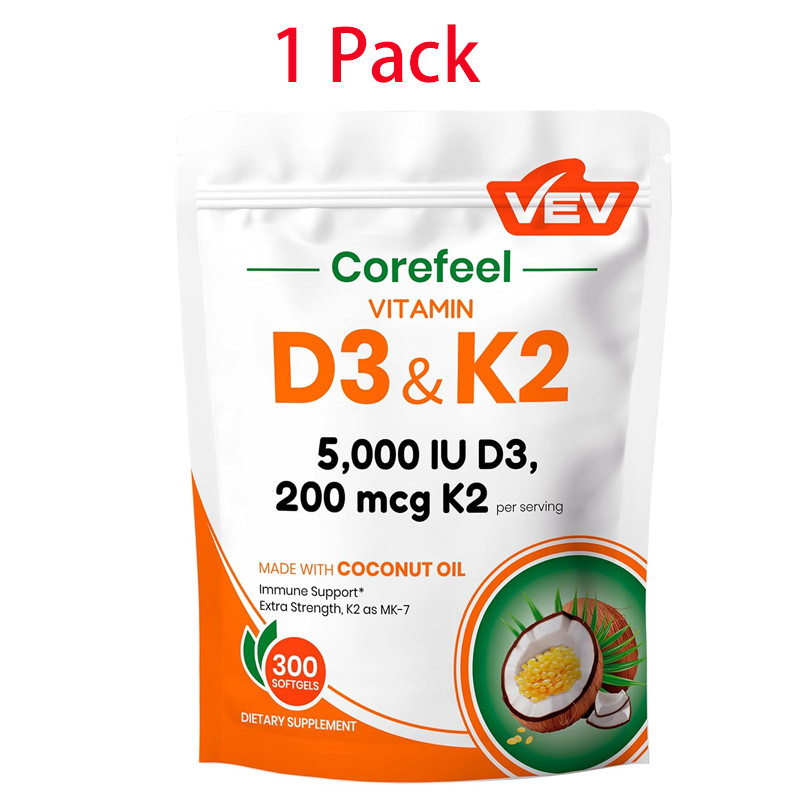 VEV Vitamin D3 K2 MK7 Softgels,10000IU D3 +200mcg K2 with Coconut Oil,300 Count