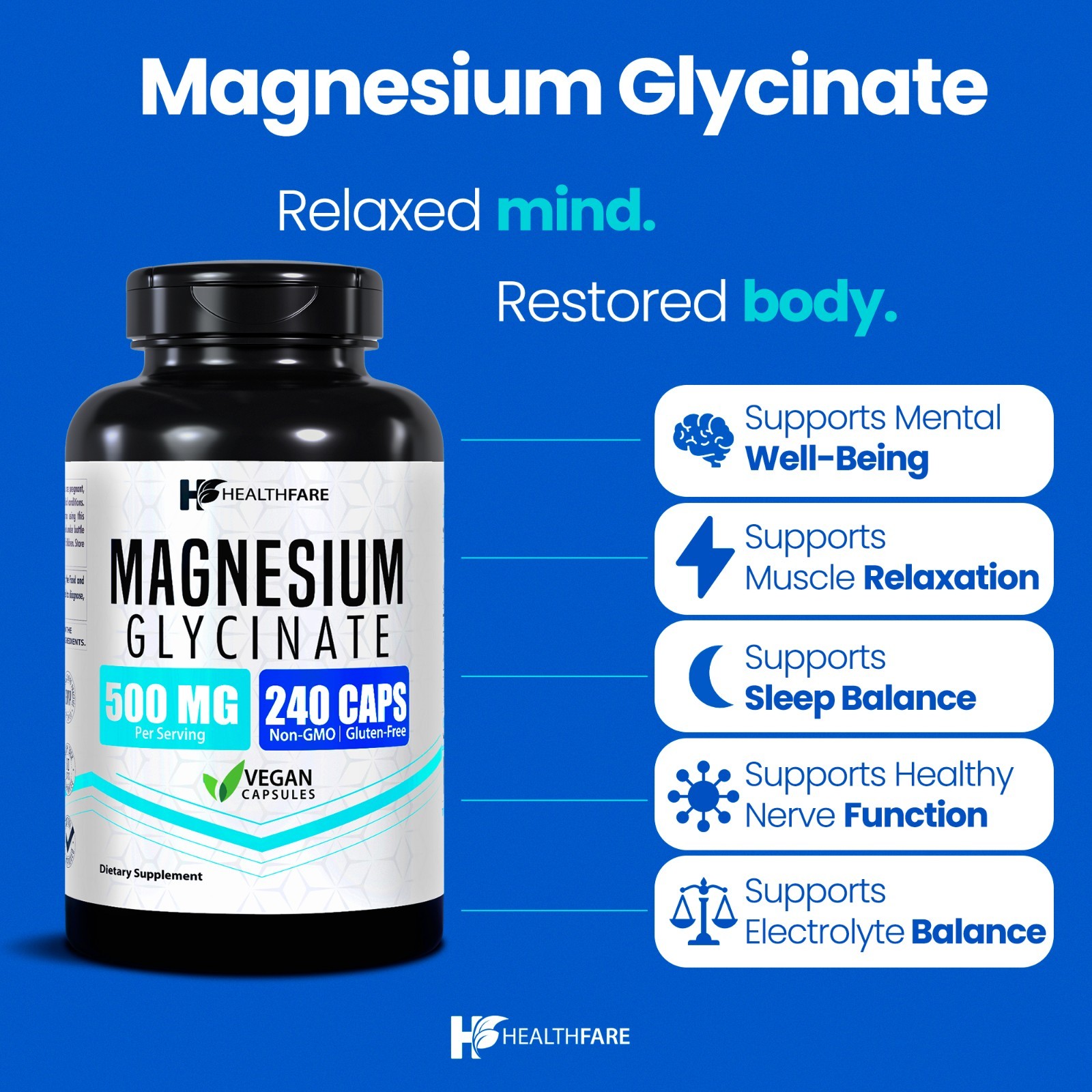 HealthFare Magnesium Glycinate 500mg | 240 Veg Capsules | High-Absorption