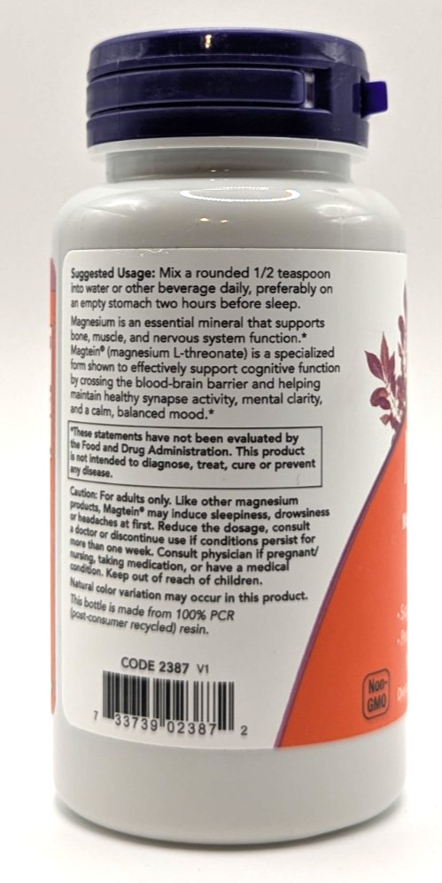 NOW Foods Magtein Magnesium L-Threonate Powder, 3.2 oz. / 46 Servings, Exp. 1/29