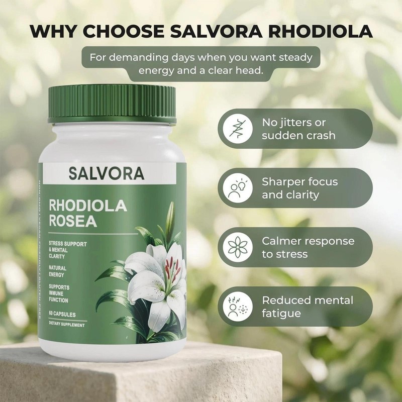 Salvora Rhodiola Rosea Dietary Supplement, 60 Capsules, Stress Support