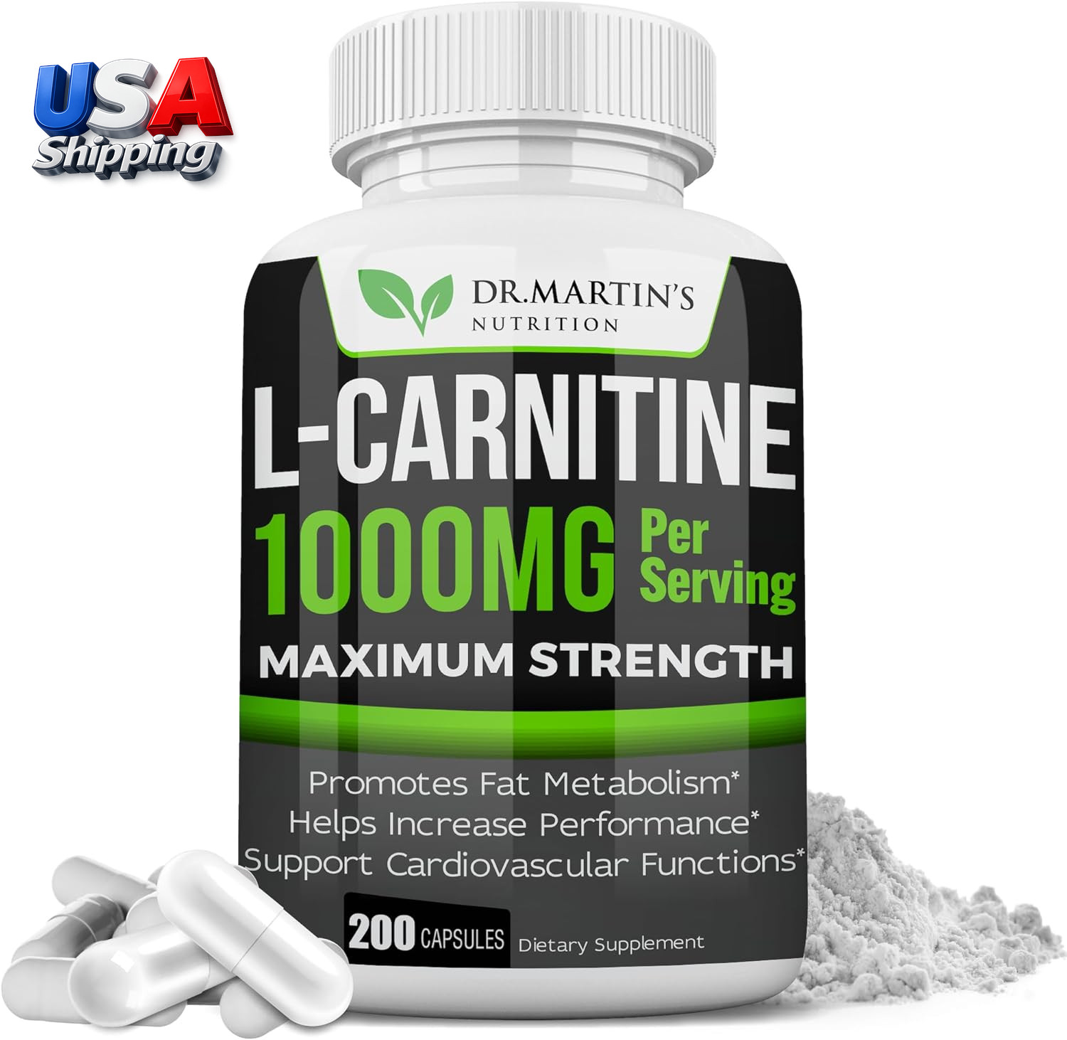 L-Carnitine Supplement Capsules 1000mg 200 Count Easy-to-Swallow