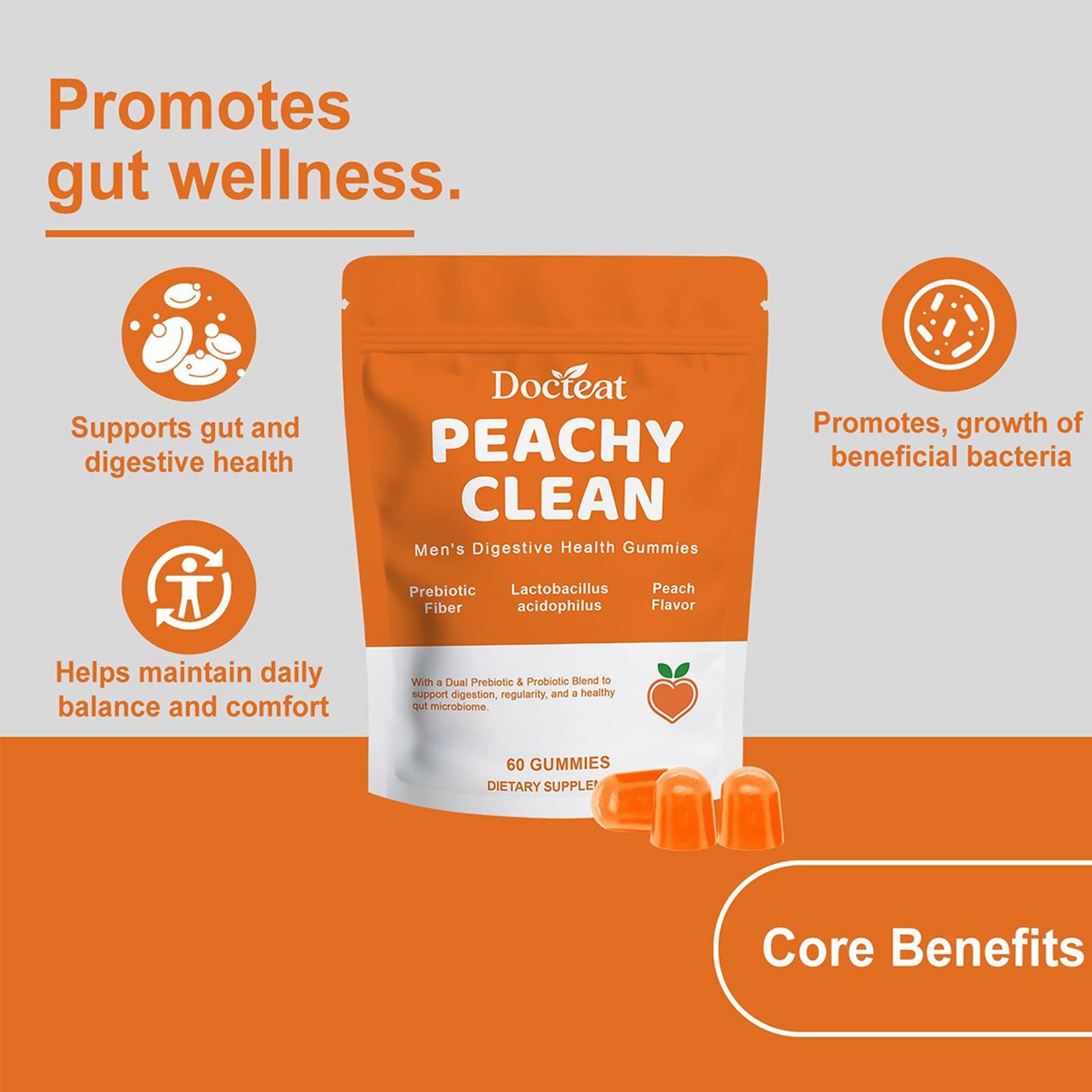 Peachy Clean Prebiotic Fiber Gummy, Clean Fiber Gummies for Men