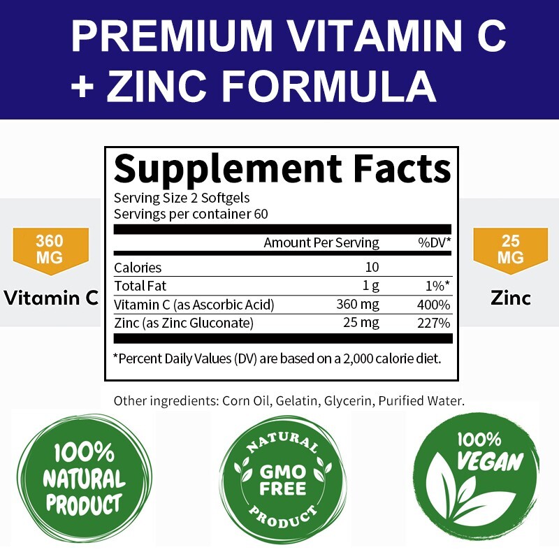 Vitamin C Capsules 1000mg+ Zinc 20mg For Immune System Support for Men and Women